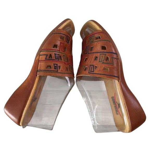 Pikolinos Leather Sandals Caramel Aztec Cutout Low Wedge Slides Size 7/38 - Picture 5 of 8